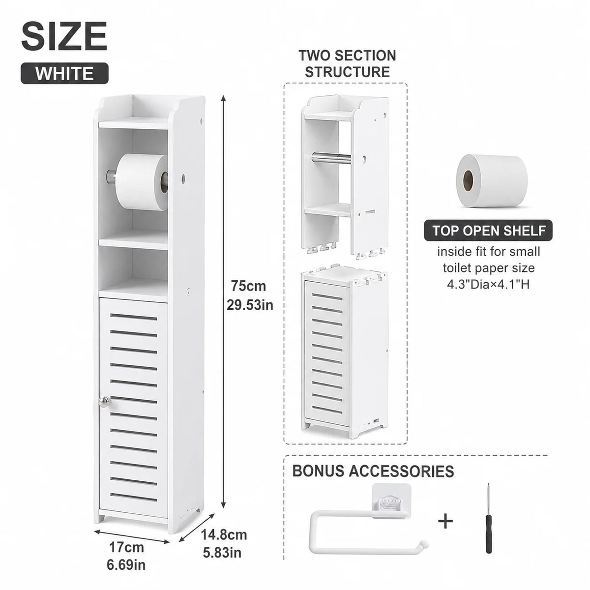 Slim Bathroom Storage Cabinet with Toilet Paper Holder, Narrow PVC Floor Storage Organizer with Shelves and Door, Space-Saving Freestanding Toilet Paper Storage Rack for Small Bathrooms