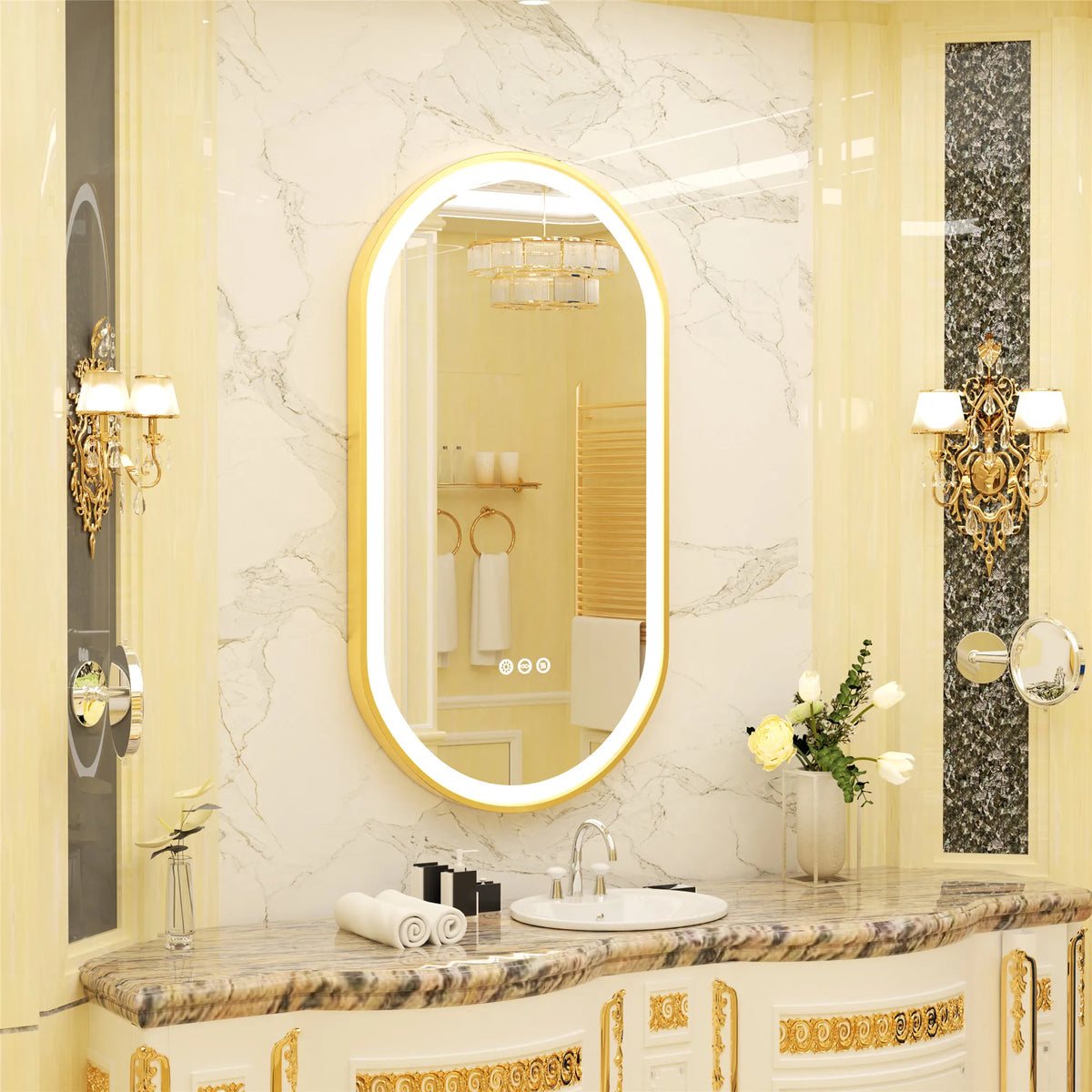 Large LED Oval Bathroom Mirror with Stepless Dimmable Lighted Vanity Mirror for Wall Mounted Vanity with Frame Anti-Fog Memory