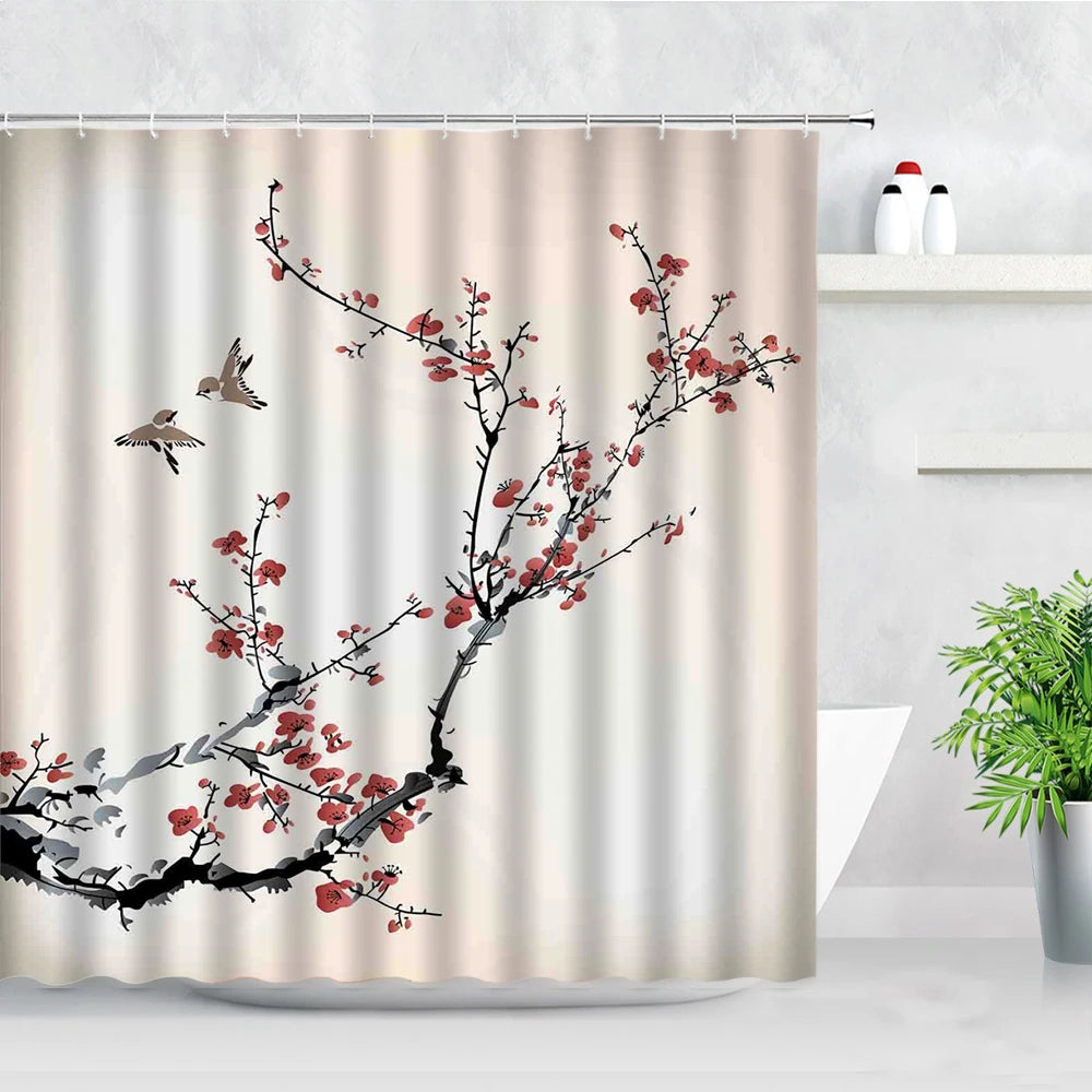 Ink Plant Flowers Shower Curtain Red Plum Japanese Cherry Blossom Bath Curtains Watercolor Print Modern White Bathroom Decor Set