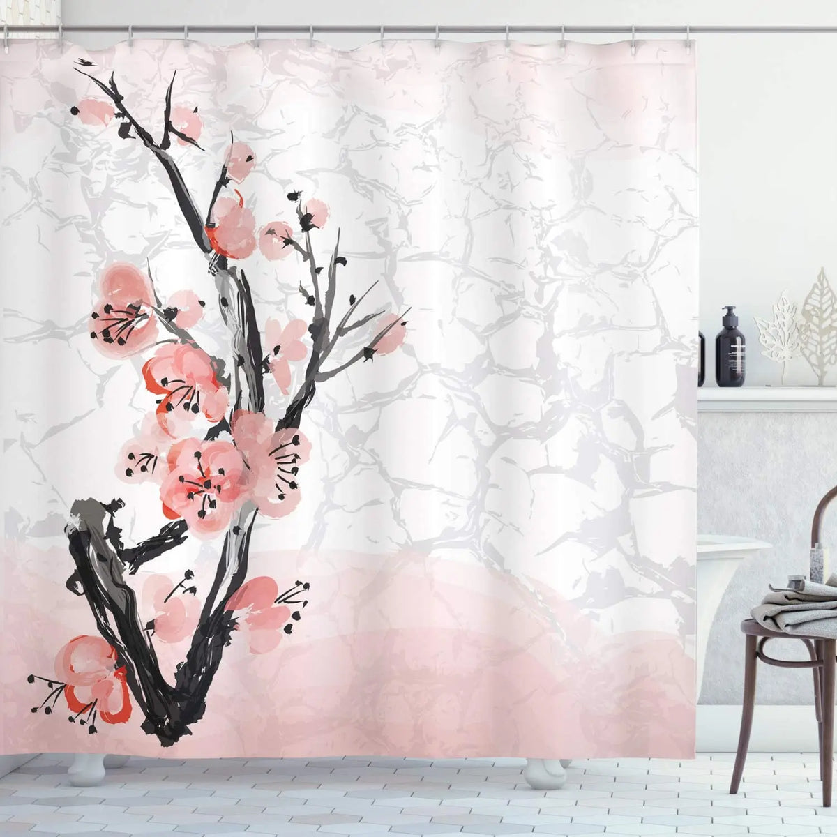 Ink Plant Flowers Shower Curtain Red Plum Japanese Cherry Blossom Bath Curtains Watercolor Print Modern White Bathroom Decor Set