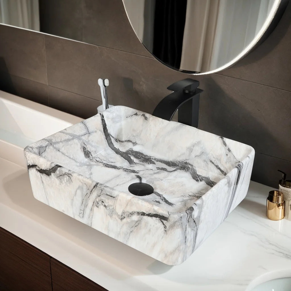 ZAPPO Artistic Marble Pattern Ceramic Vessel Sink Set, Black Matte Faucet Combo, Modern Bathroom Above-Counter Basin Vanity Sink