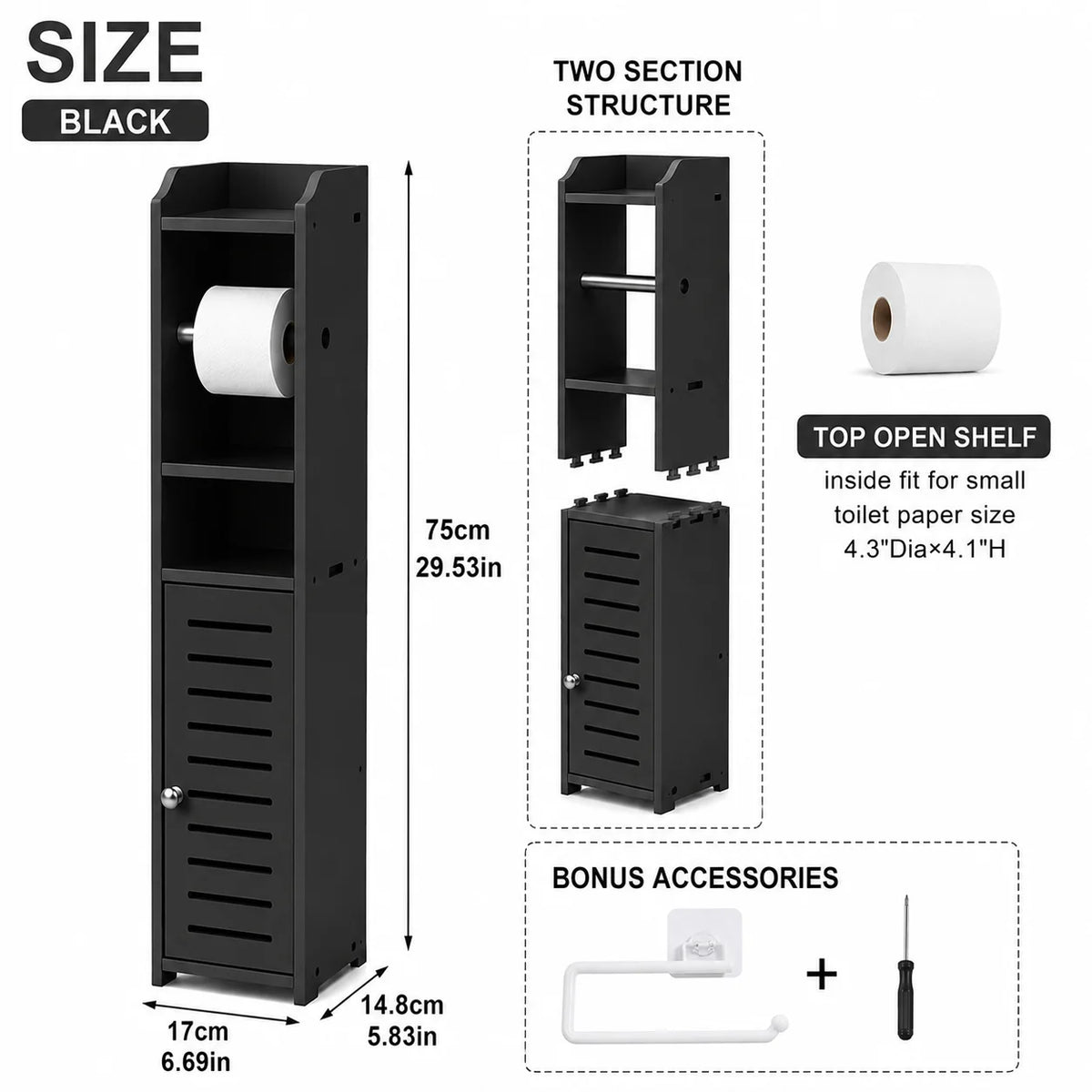 Slim Bathroom Storage Cabinet with Toilet Paper Holder, Narrow PVC Floor Storage Organizer with Shelves and Door, Space-Saving Freestanding Toilet Paper Storage Rack for Small Bathrooms