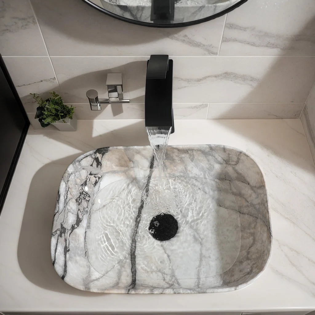 ZAPPO Artistic Marble Pattern Ceramic Vessel Sink Set, Black Matte Faucet Combo, Modern Bathroom Above-Counter Basin Vanity Sink
