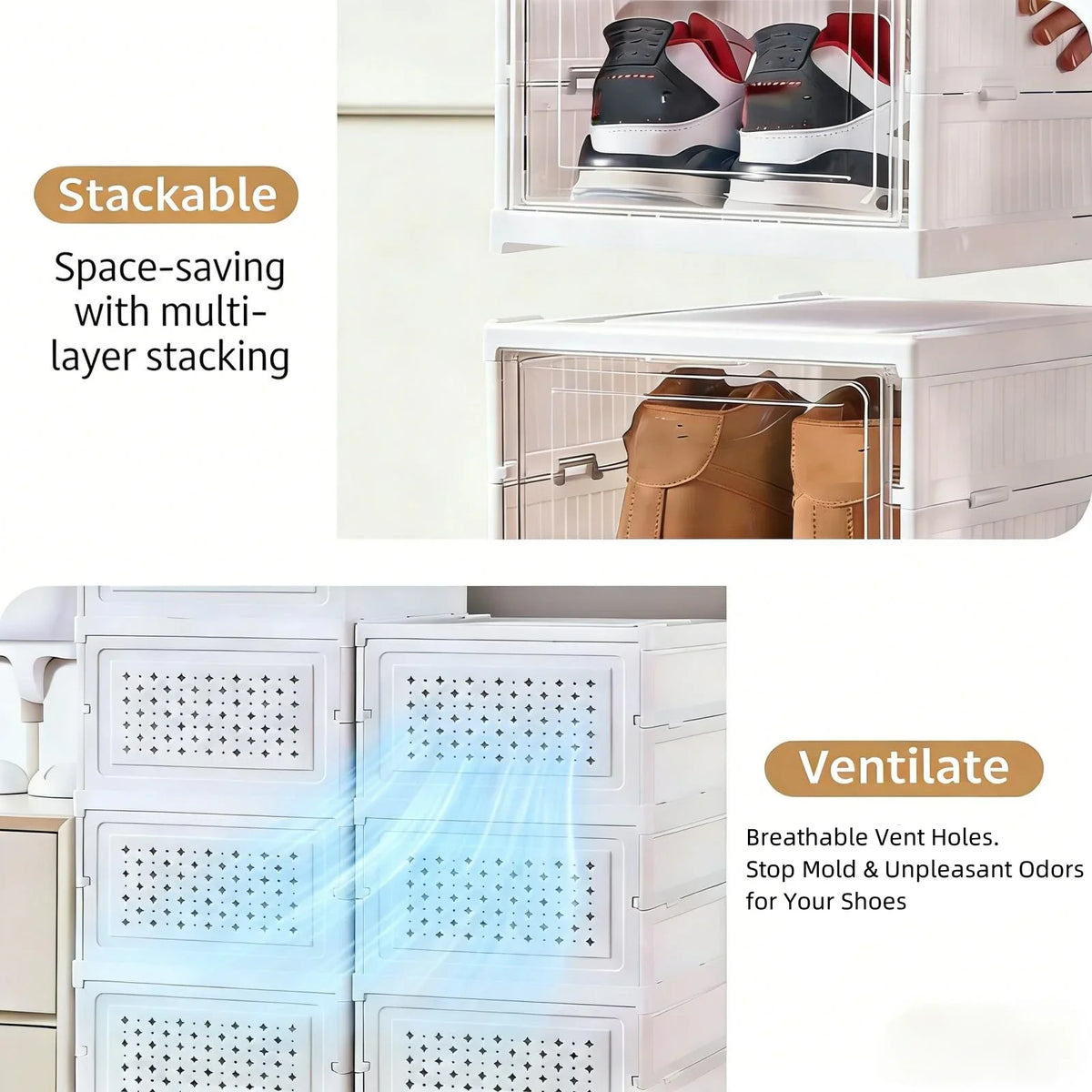 3/6 Tier Foldable Shoe Box, No Assembly Required Clear Stackable Shoe Cabinet Sneaker Storage Organizer Rack for Closet Entryway