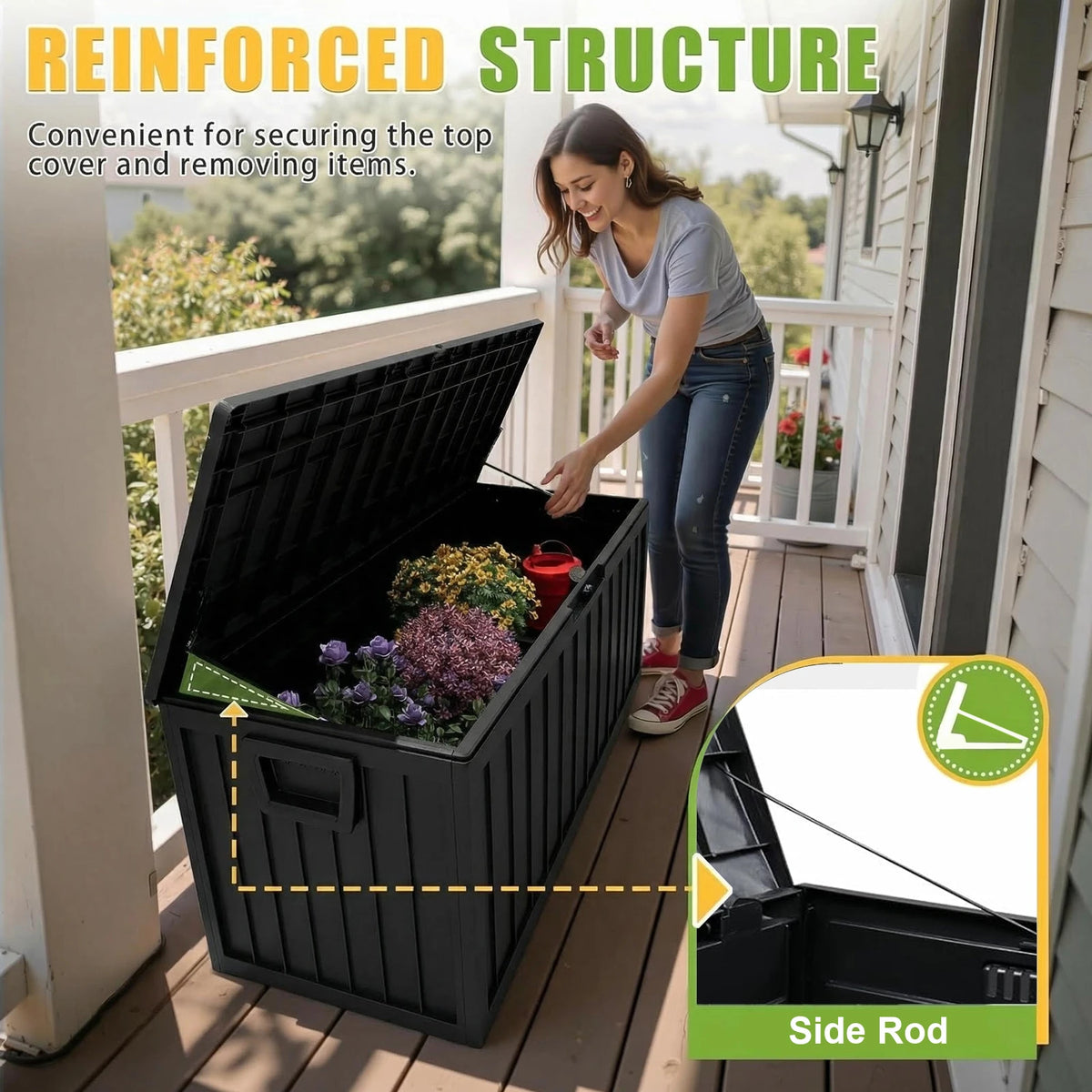 75 Gallon Large Outdoor Deck Box with Lockable Lid & Heavy-Duty Hinged Door - White/Green Heavy-Duty Plastic Storage Container,