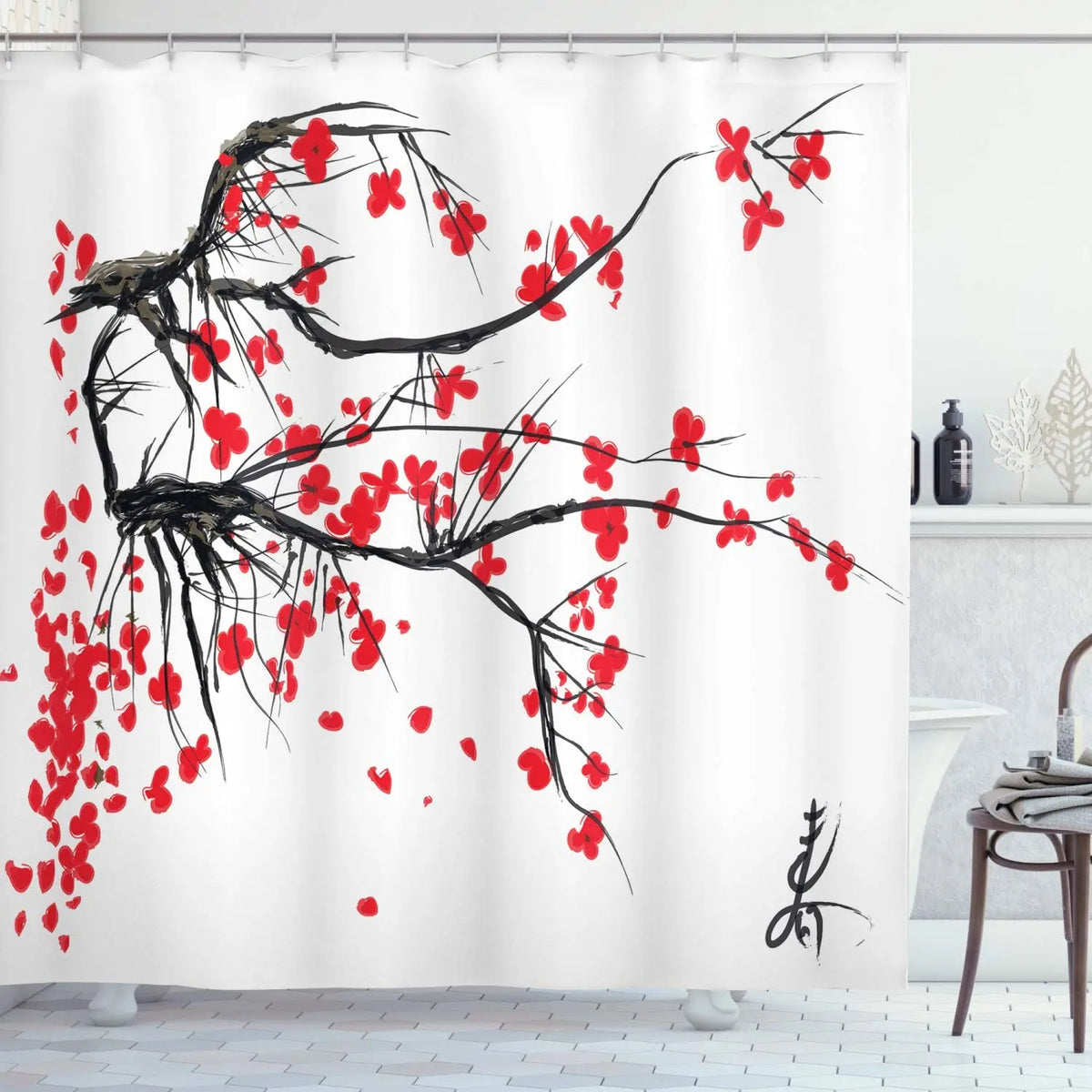 Ink Plant Flowers Shower Curtain Red Plum Japanese Cherry Blossom Bath Curtains Watercolor Print Modern White Bathroom Decor Set