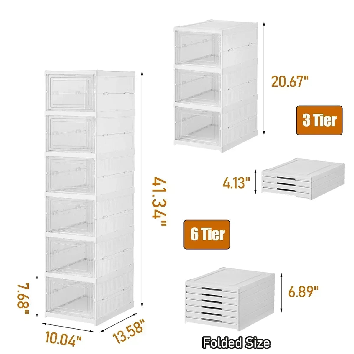 3/6 Tier Foldable Shoe Box, No Assembly Required Clear Stackable Shoe Cabinet Sneaker Storage Organizer Rack for Closet Entryway