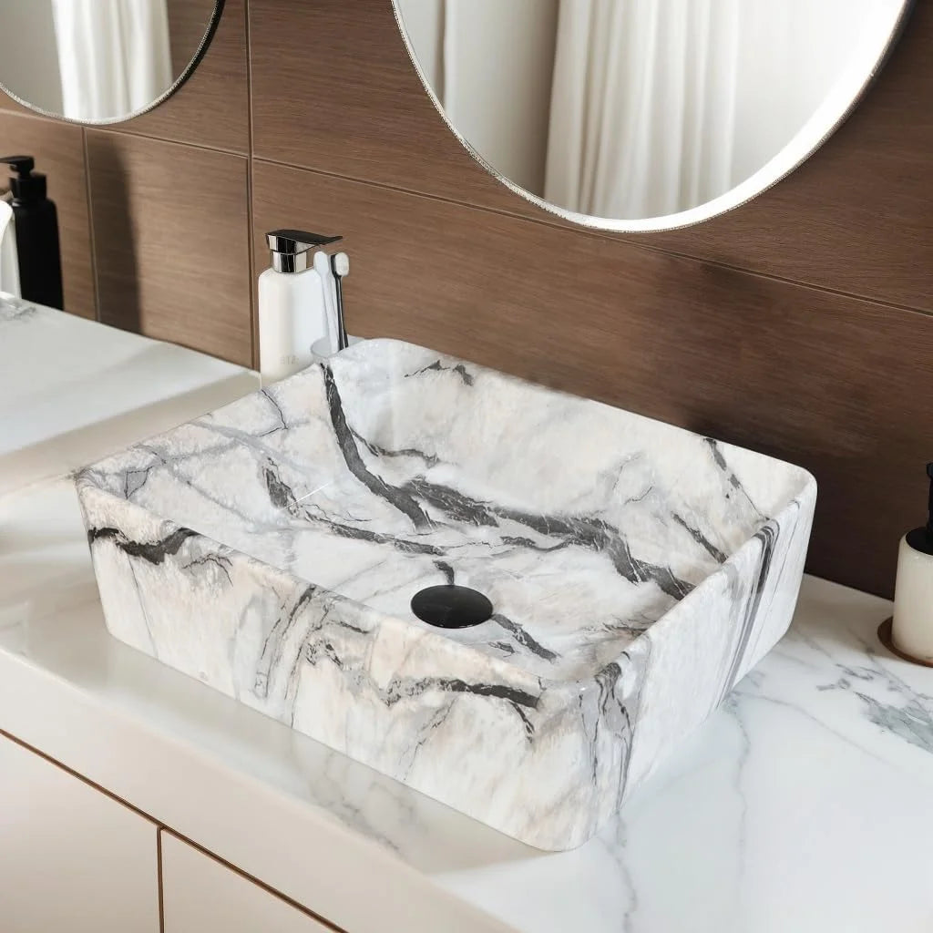 ZAPPO Artistic Marble Pattern Ceramic Vessel Sink Set, Black Matte Faucet Combo, Modern Bathroom Above-Counter Basin Vanity Sink