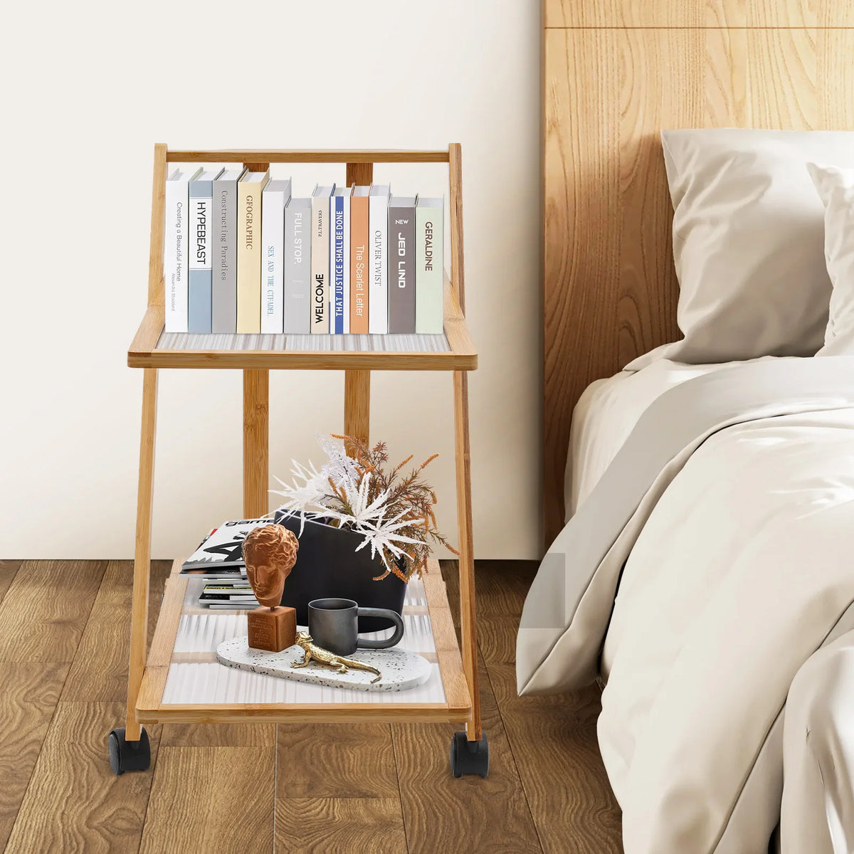 2 Tier Rolling Cart Bamboo Foldable Storage Rack with Silent Wheels Brakes Triangular Organizer for Kitchen Living Room Bedroom Office Study Bathroom Balcony Books Cosmetics Kitchenware