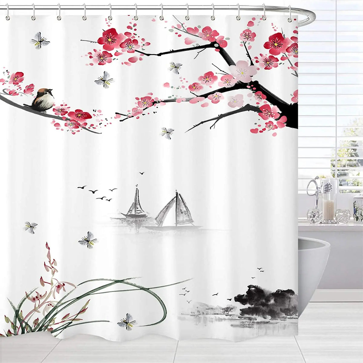Ink Plant Flowers Shower Curtain Red Plum Japanese Cherry Blossom Bath Curtains Watercolor Print Modern White Bathroom Decor Set