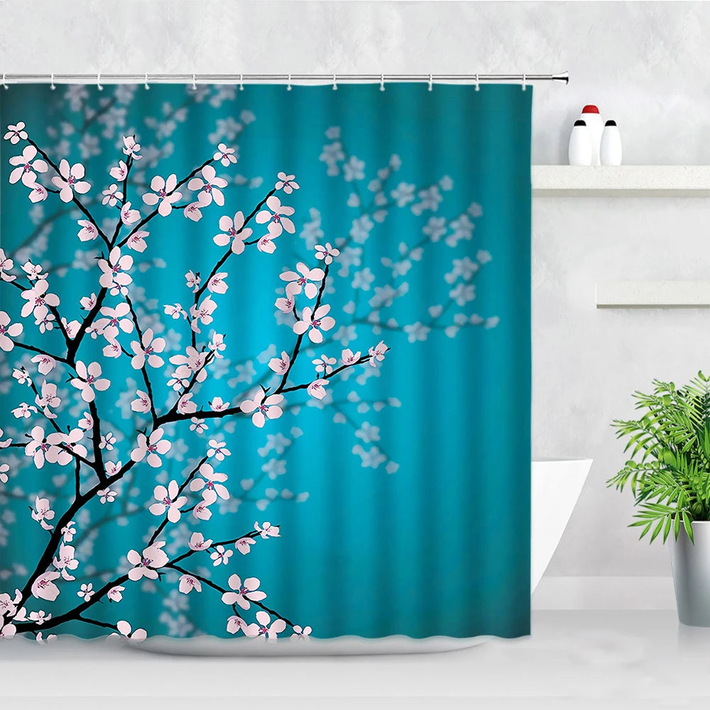 Ink Plant Flowers Shower Curtain Red Plum Japanese Cherry Blossom Bath Curtains Watercolor Print Modern White Bathroom Decor Set