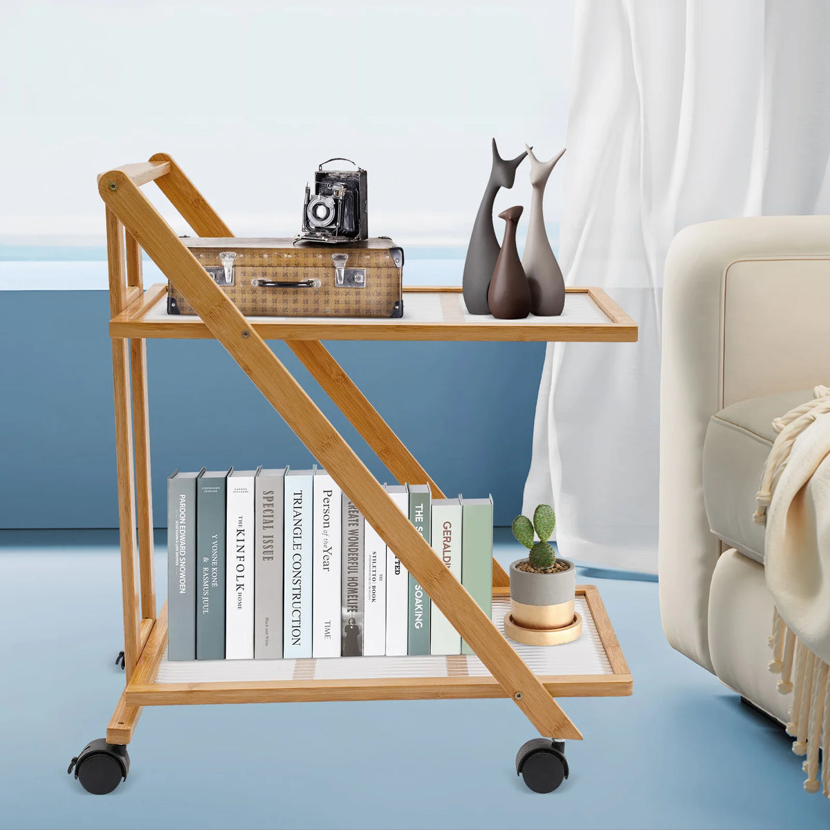 2 Tier Rolling Cart Bamboo Foldable Storage Rack with Silent Wheels Brakes Triangular Organizer for Kitchen Living Room Bedroom Office Study Bathroom Balcony Books Cosmetics Kitchenware