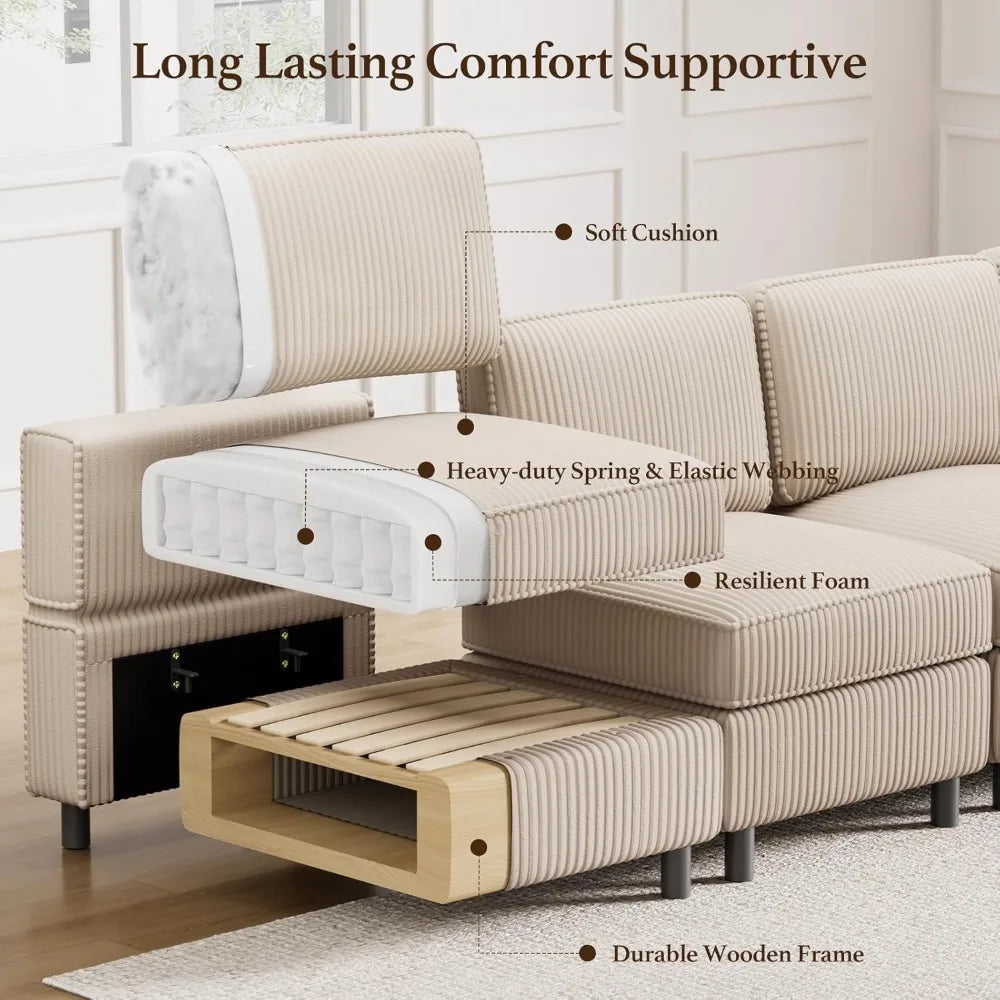 Modular Sectional Sofa with Deep Storage Seat, Corduroy Convertible 6 Seat Sleeper, Comfy Living Room Furniture, 88.6", Custom