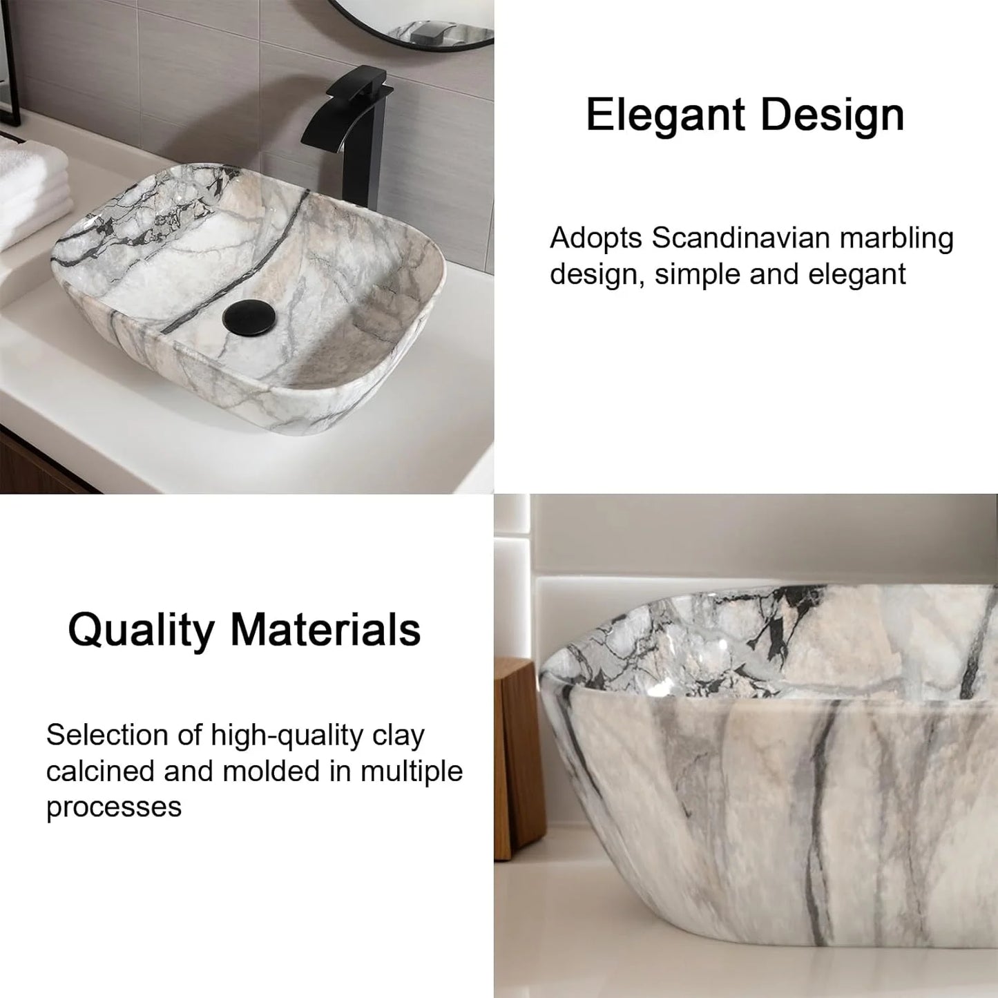 ZAPPO Artistic Marble Pattern Ceramic Vessel Sink Set, Black Matte Faucet Combo, Modern Bathroom Above-Counter Basin Vanity Sink
