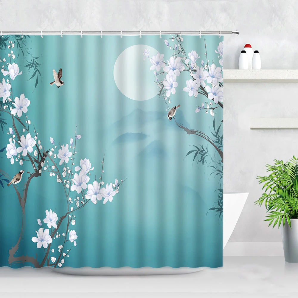 Ink Plant Flowers Shower Curtain Red Plum Japanese Cherry Blossom Bath Curtains Watercolor Print Modern White Bathroom Decor Set