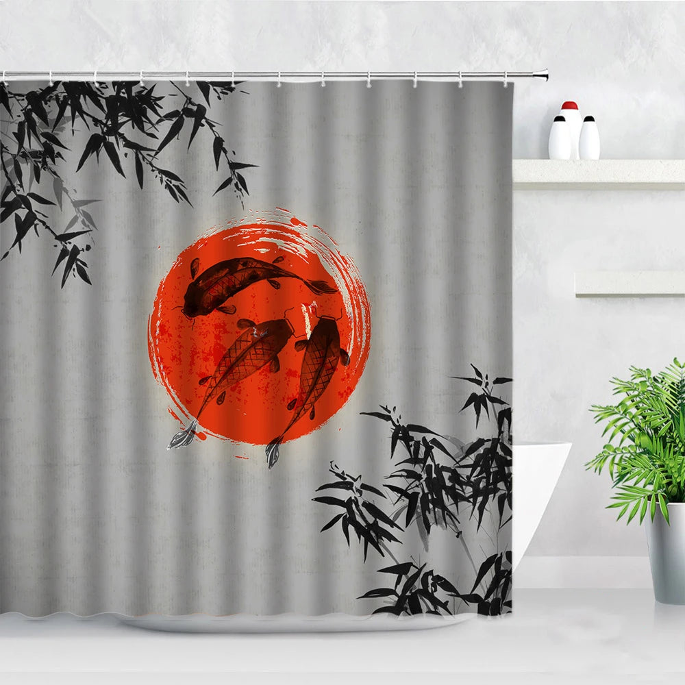 Ink Plant Flowers Shower Curtain Red Plum Japanese Cherry Blossom Bath Curtains Watercolor Print Modern White Bathroom Decor Set