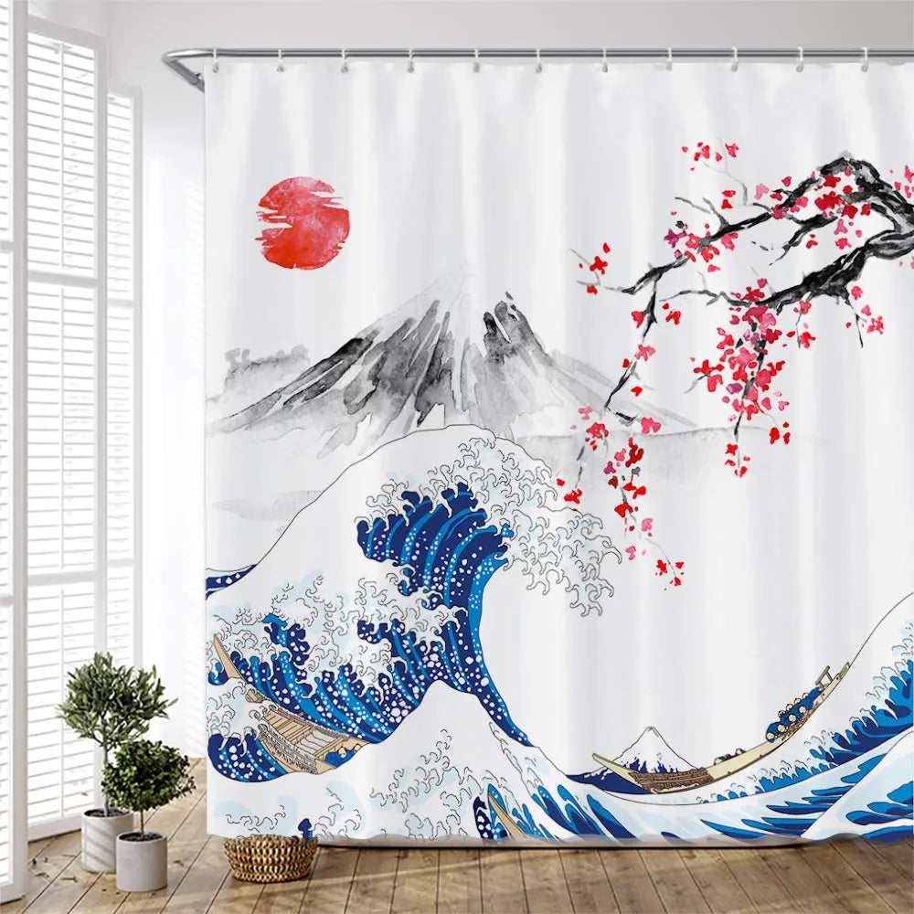 Ink Plant Flowers Shower Curtain Red Plum Japanese Cherry Blossom Bath Curtains Watercolor Print Modern White Bathroom Decor Set