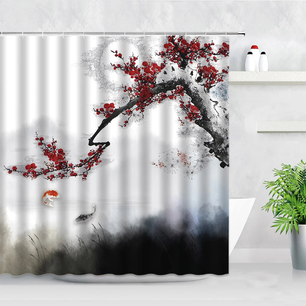 Ink Plant Flowers Shower Curtain Red Plum Japanese Cherry Blossom Bath Curtains Watercolor Print Modern White Bathroom Decor Set