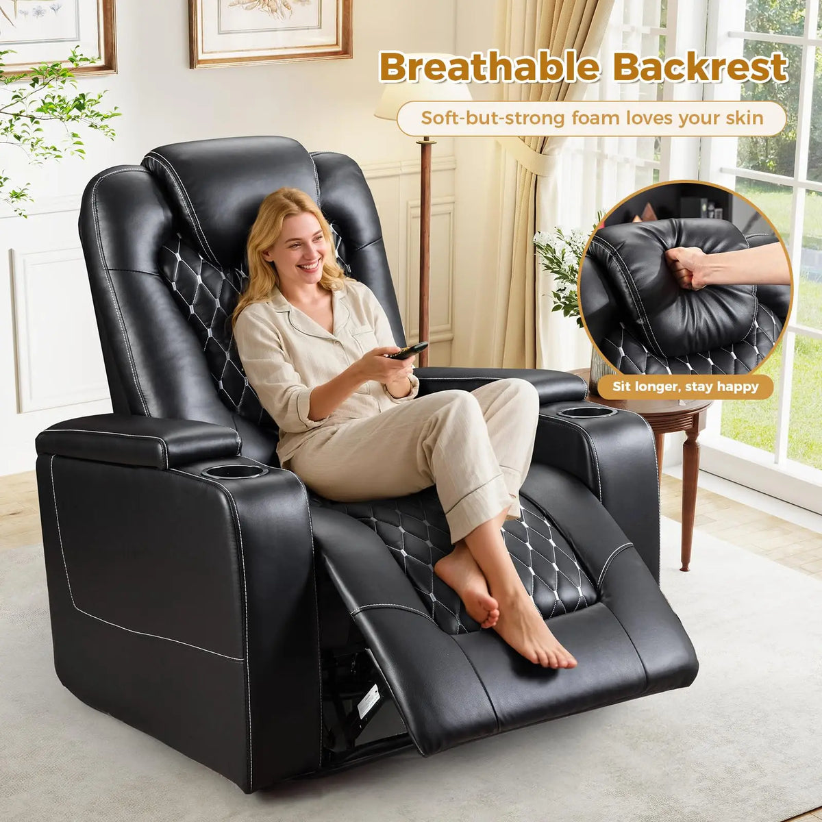 Electric Power Recliner Chair with USB Ports and Cup Holders, Breathable Leather Home Theater Seating with Hidden Arm Storage