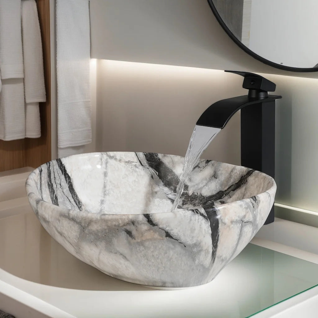 ZAPPO Artistic Marble Pattern Ceramic Vessel Sink Set, Black Matte Faucet Combo, Modern Bathroom Above-Counter Basin Vanity Sink
