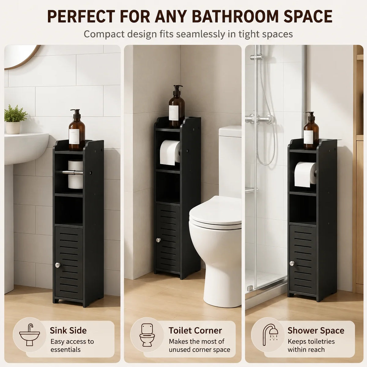 Slim Bathroom Storage Cabinet with Toilet Paper Holder, Narrow PVC Floor Storage Organizer with Shelves and Door, Space-Saving Freestanding Toilet Paper Storage Rack for Small Bathrooms