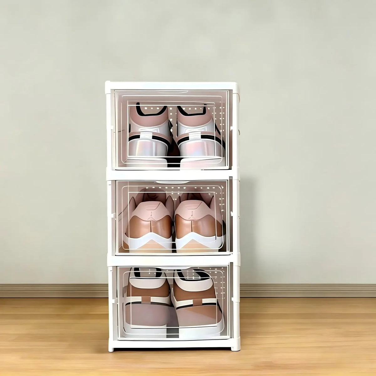 3/6 Tier Foldable Shoe Box, No Assembly Required Clear Stackable Shoe Cabinet Sneaker Storage Organizer Rack for Closet Entryway