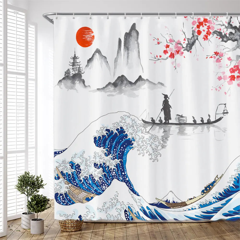 Ink Plant Flowers Shower Curtain Red Plum Japanese Cherry Blossom Bath Curtains Watercolor Print Modern White Bathroom Decor Set