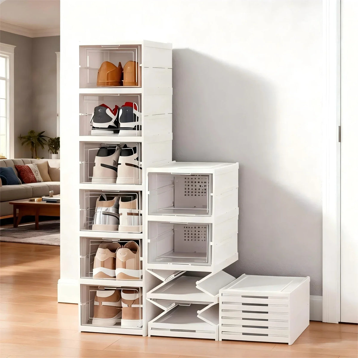 3/6 Tier Foldable Shoe Box, No Assembly Required Clear Stackable Shoe Cabinet Sneaker Storage Organizer Rack for Closet Entryway