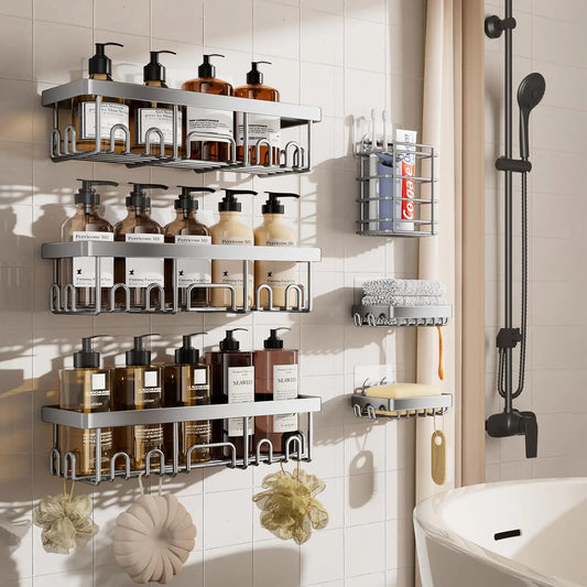 Shower Caddy 6 Pack,Adhesive Organizer for Bathroom Decor Accessories & Kitchen Storage,No Drilling,Large Capacity,Rustproof Stainless Steel Organizer,Home Decor Shelves
