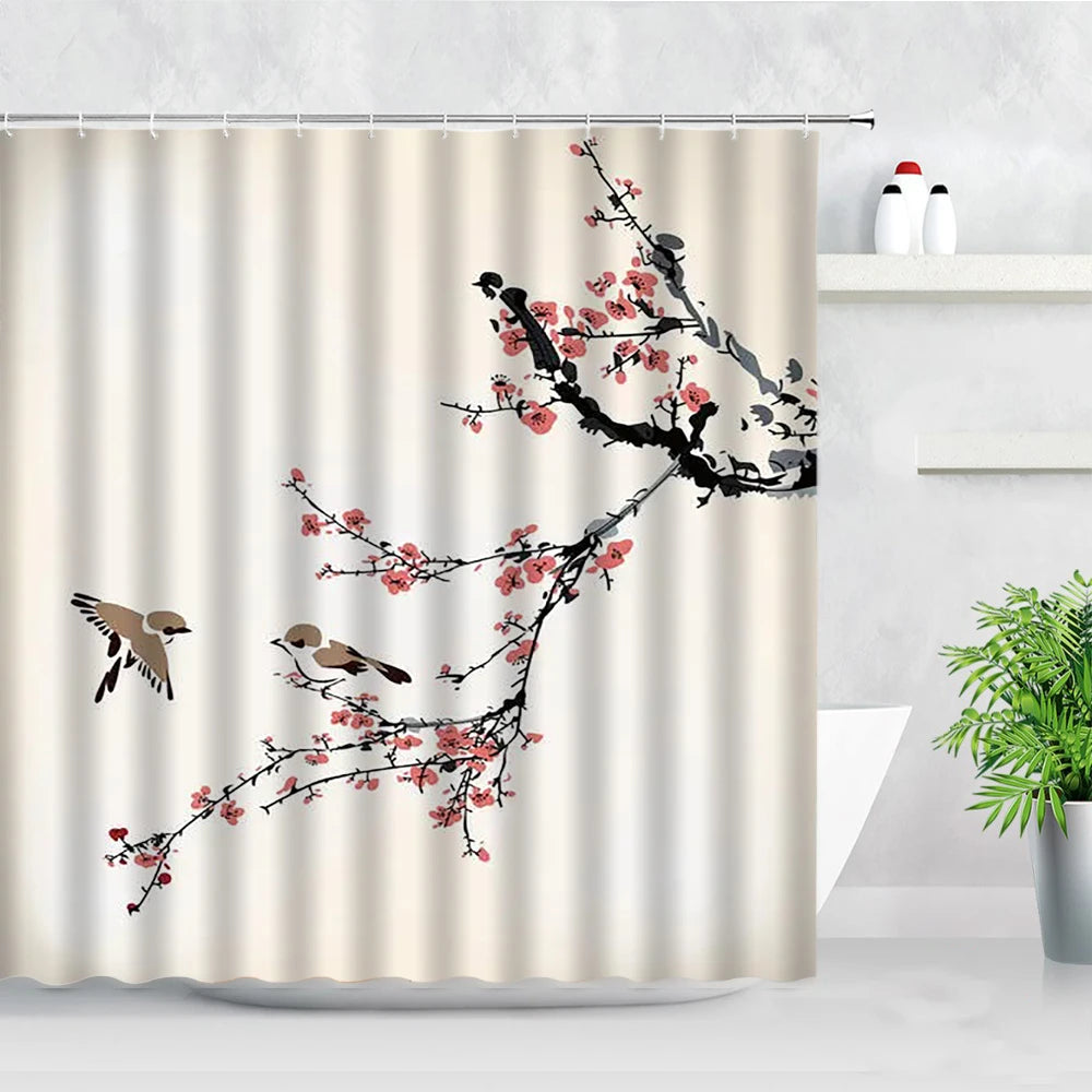 Ink Plant Flowers Shower Curtain Red Plum Japanese Cherry Blossom Bath Curtains Watercolor Print Modern White Bathroom Decor Set