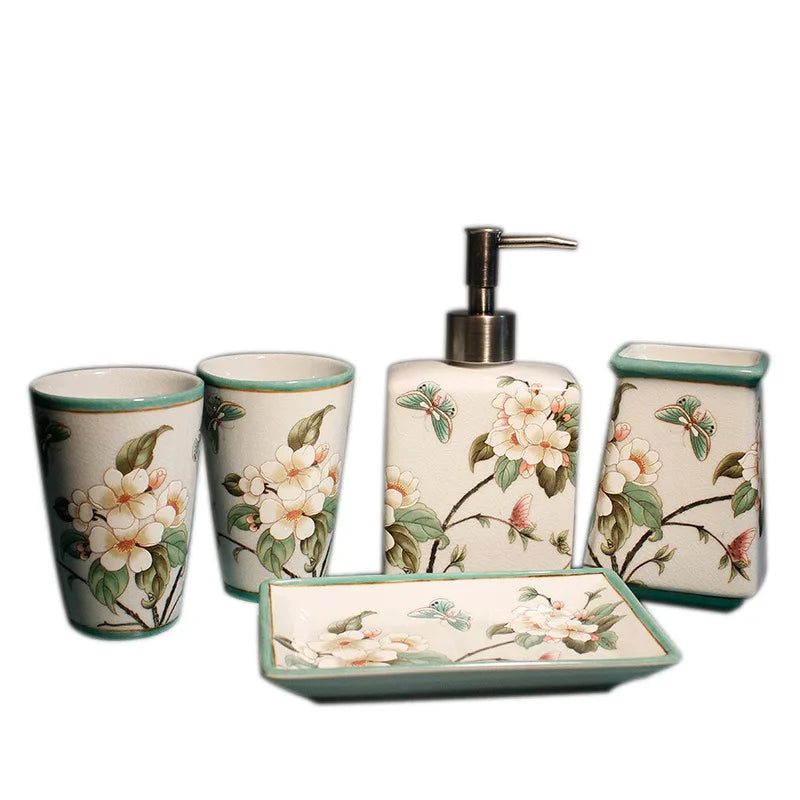 Flowers Ceramic Toothbrush Holder Storage Divided Bottle Bathroom Accessories Floral Mouthwash Cup Lotion Bottle Bathroom Decor
