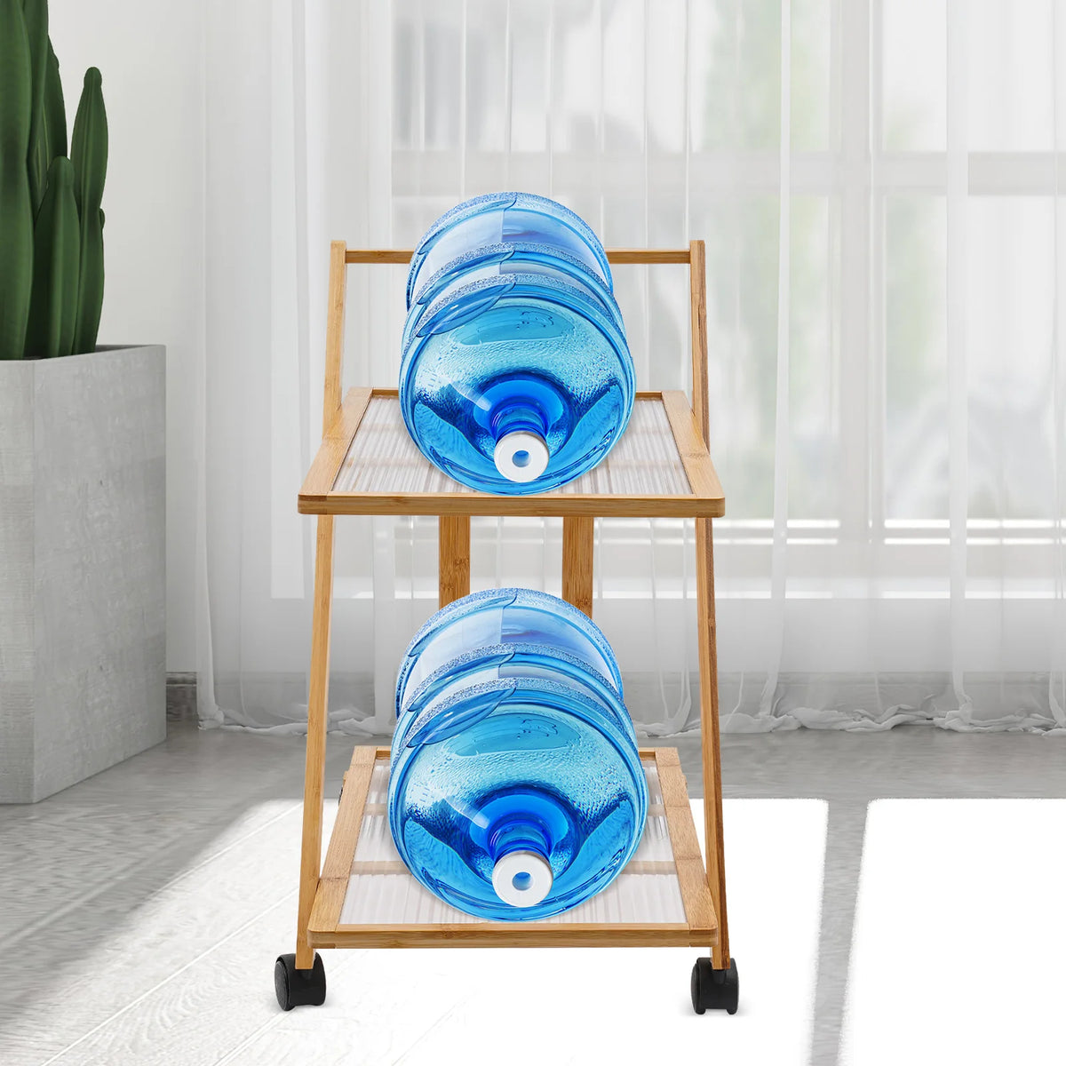 2 Tier Rolling Cart Bamboo Foldable Storage Rack with Silent Wheels Brakes Triangular Organizer for Kitchen Living Room Bedroom Office Study Bathroom Balcony Books Cosmetics Kitchenware