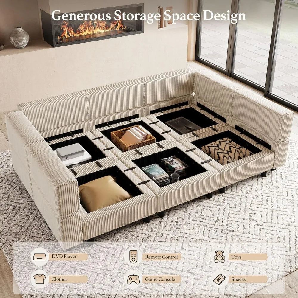 Modular Sectional Sofa with Deep Storage Seat, Corduroy Convertible 6 Seat Sleeper, Comfy Living Room Furniture, 88.6", Custom