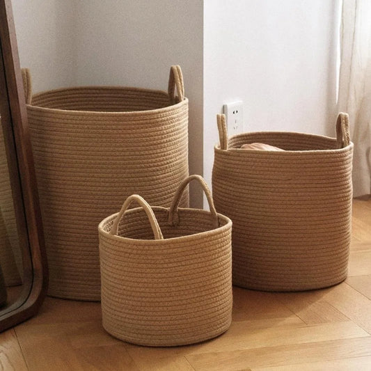 Solid White Storage Baskets Cotton Rope Home Organization Kids Toy Woven Laundry Hamper with Handles Sundries Organizer Basket
