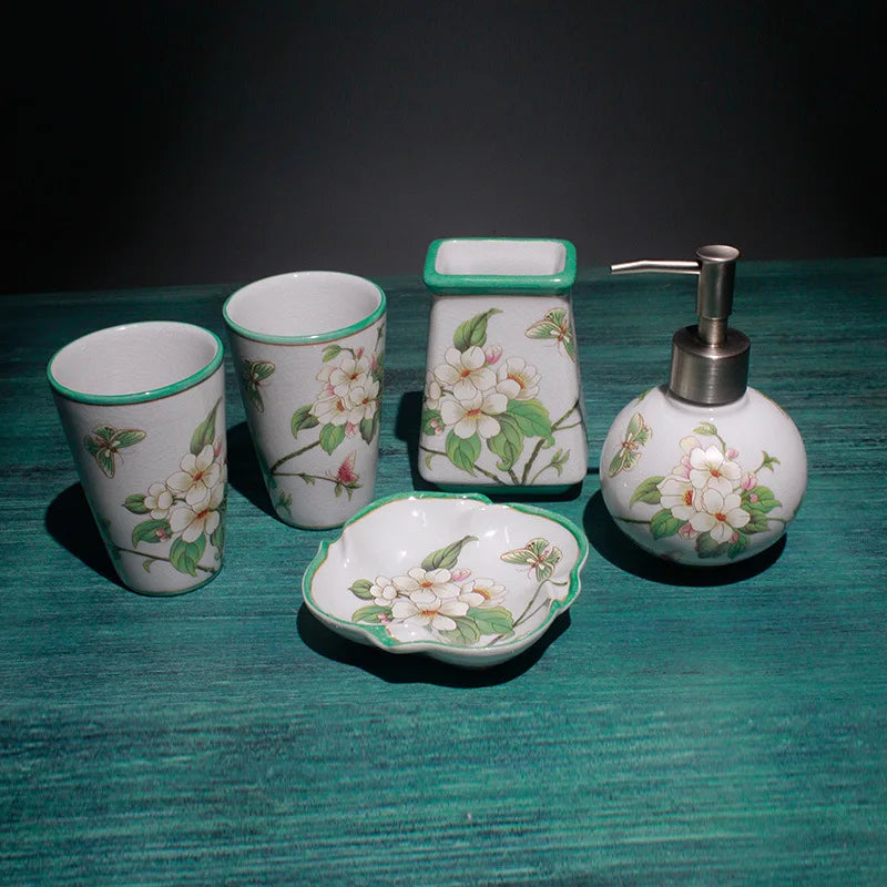 Flowers Ceramic Toothbrush Holder Storage Divided Bottle Bathroom Accessories Floral Mouthwash Cup Lotion Bottle Bathroom Decor