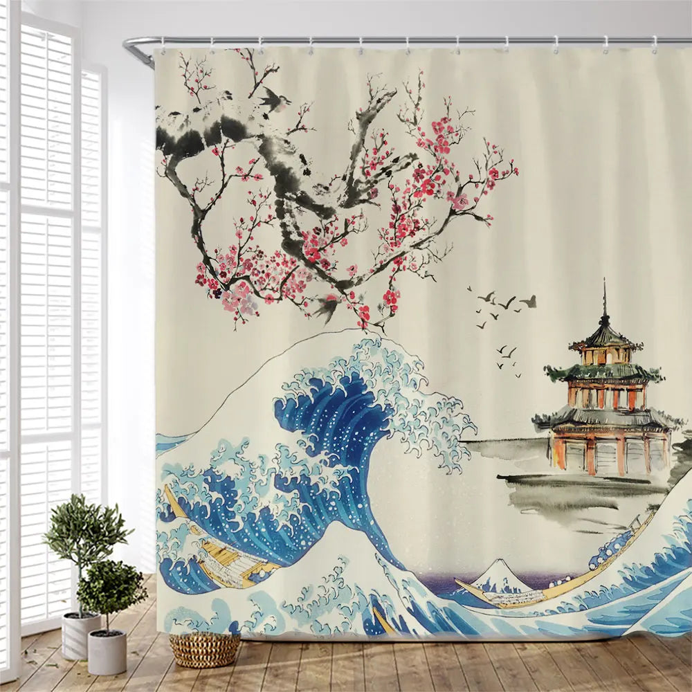 Ink Plant Flowers Shower Curtain Red Plum Japanese Cherry Blossom Bath Curtains Watercolor Print Modern White Bathroom Decor Set