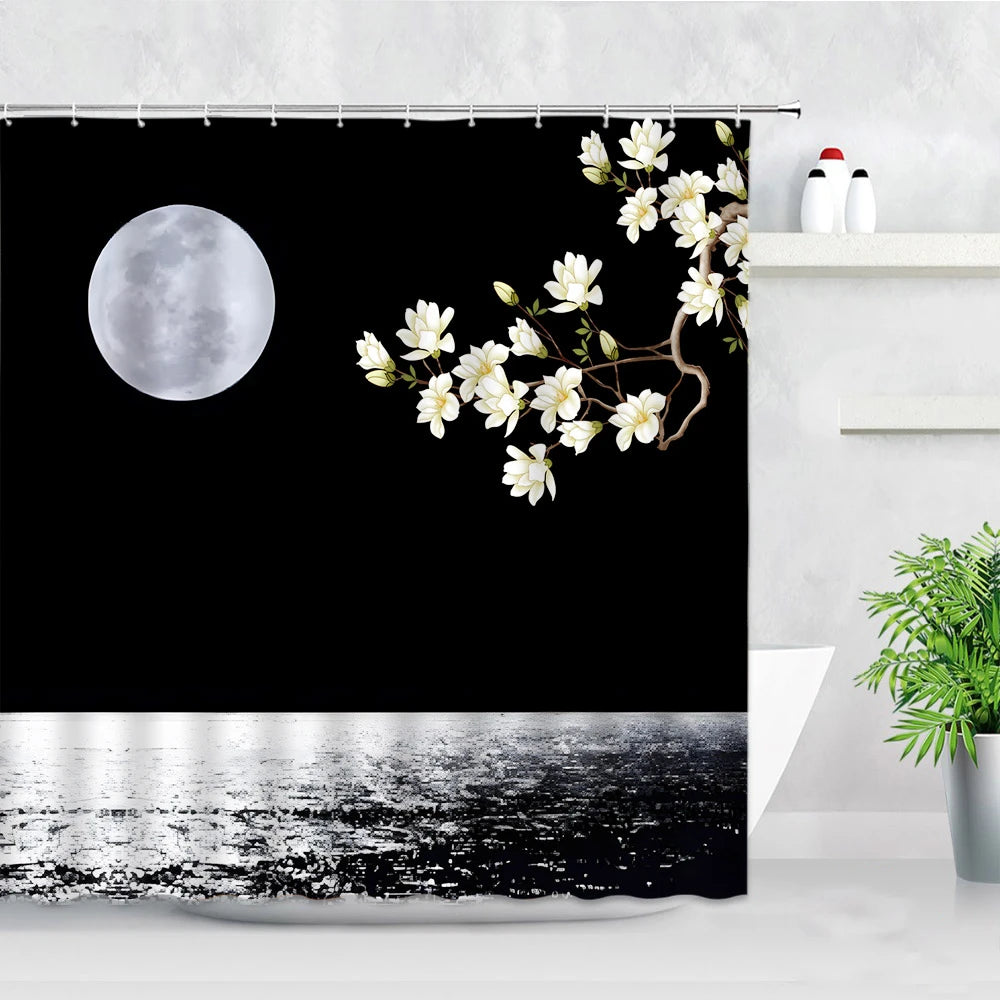 Ink Plant Flowers Shower Curtain Red Plum Japanese Cherry Blossom Bath Curtains Watercolor Print Modern White Bathroom Decor Set