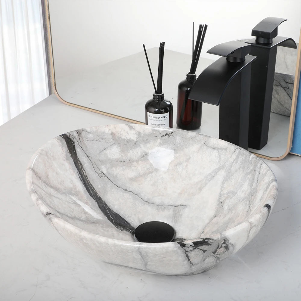 ZAPPO Artistic Marble Pattern Ceramic Vessel Sink Set, Black Matte Faucet Combo, Modern Bathroom Above-Counter Basin Vanity Sink