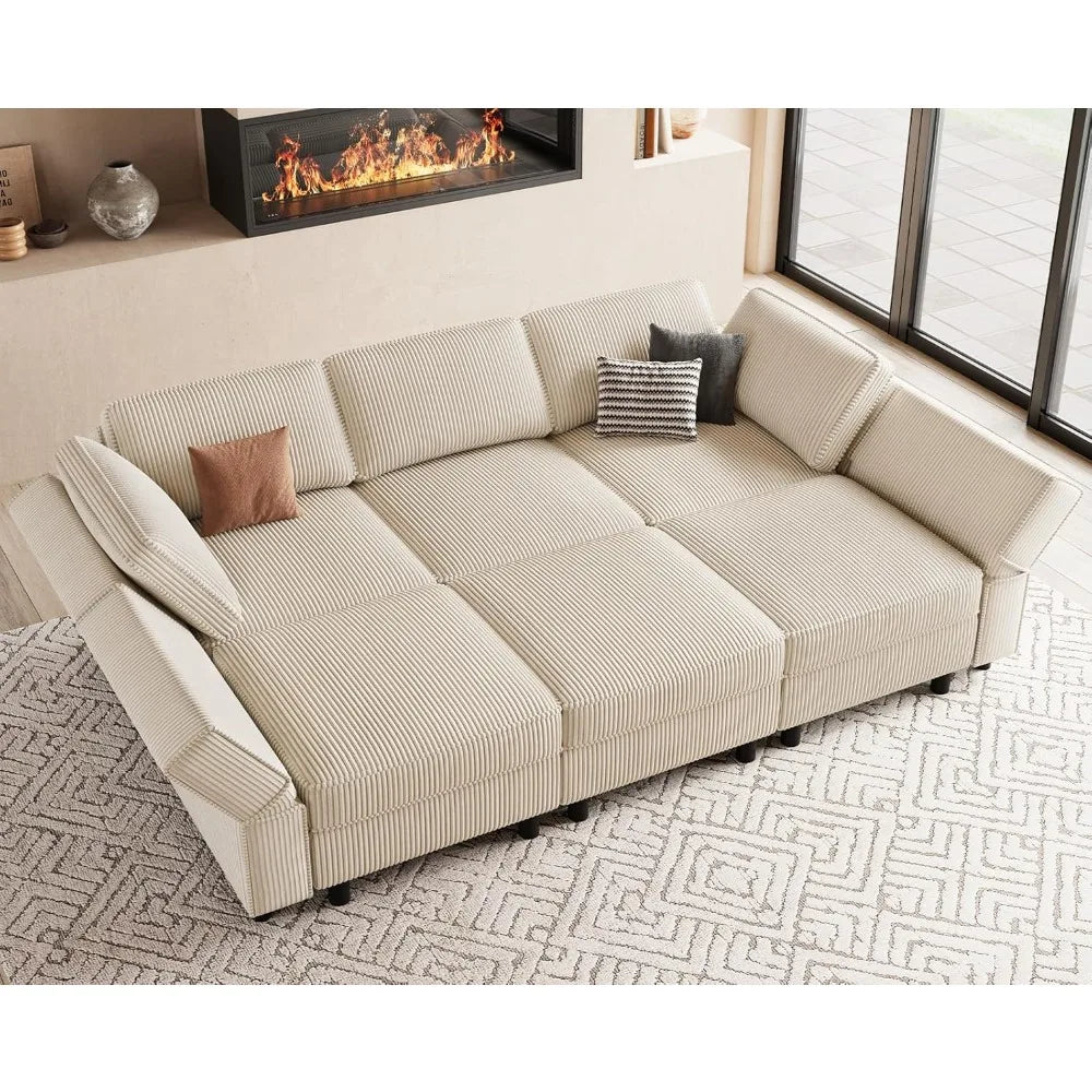 Modular Sectional Sofa with Deep Storage Seat, Corduroy Convertible 6 Seat Sleeper, Comfy Living Room Furniture, 88.6", Custom