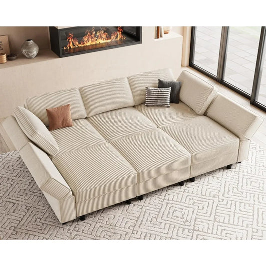 Modular Sectional Sofa with Deep Storage Seat, Corduroy Convertible 6 Seat Sleeper, Comfy Living Room Furniture, 88.6", Custom