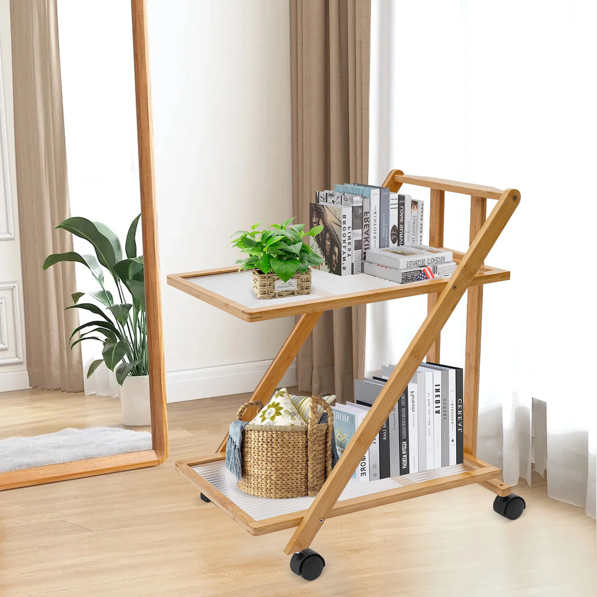 2 Tier Rolling Cart Bamboo Foldable Storage Rack with Silent Wheels Brakes Triangular Organizer for Kitchen Living Room Bedroom Office Study Bathroom Balcony Books Cosmetics Kitchenware