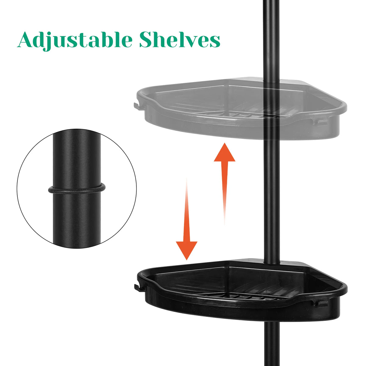 Corner Shower Caddy with Tension Pole 4-Tier Adjustable Shelves Bathroom Storage Organizer with Rubber Pad,101.6 - 122 Inch H