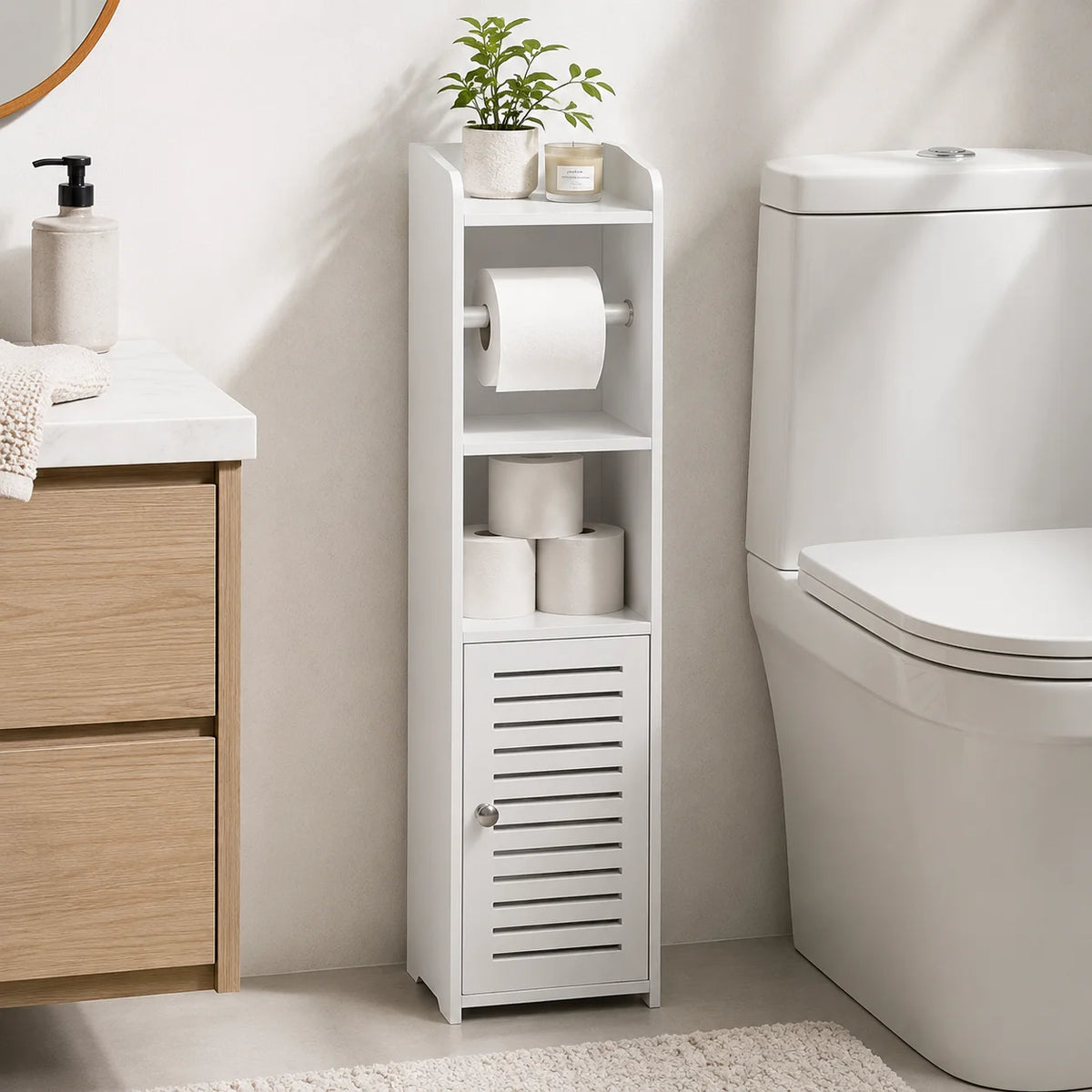 Slim Bathroom Storage Cabinet with Toilet Paper Holder, Narrow PVC Floor Storage Organizer with Shelves and Door, Space-Saving Freestanding Toilet Paper Storage Rack for Small Bathrooms