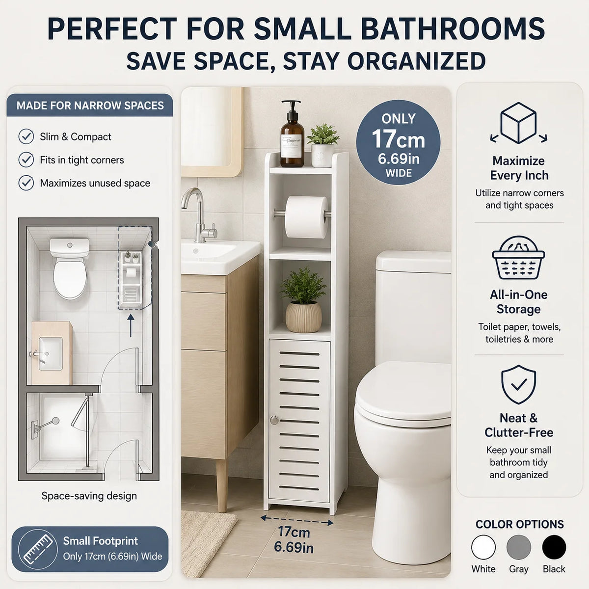 Slim Bathroom Storage Cabinet with Toilet Paper Holder, Narrow PVC Floor Storage Organizer with Shelves and Door, Space-Saving Freestanding Toilet Paper Storage Rack for Small Bathrooms