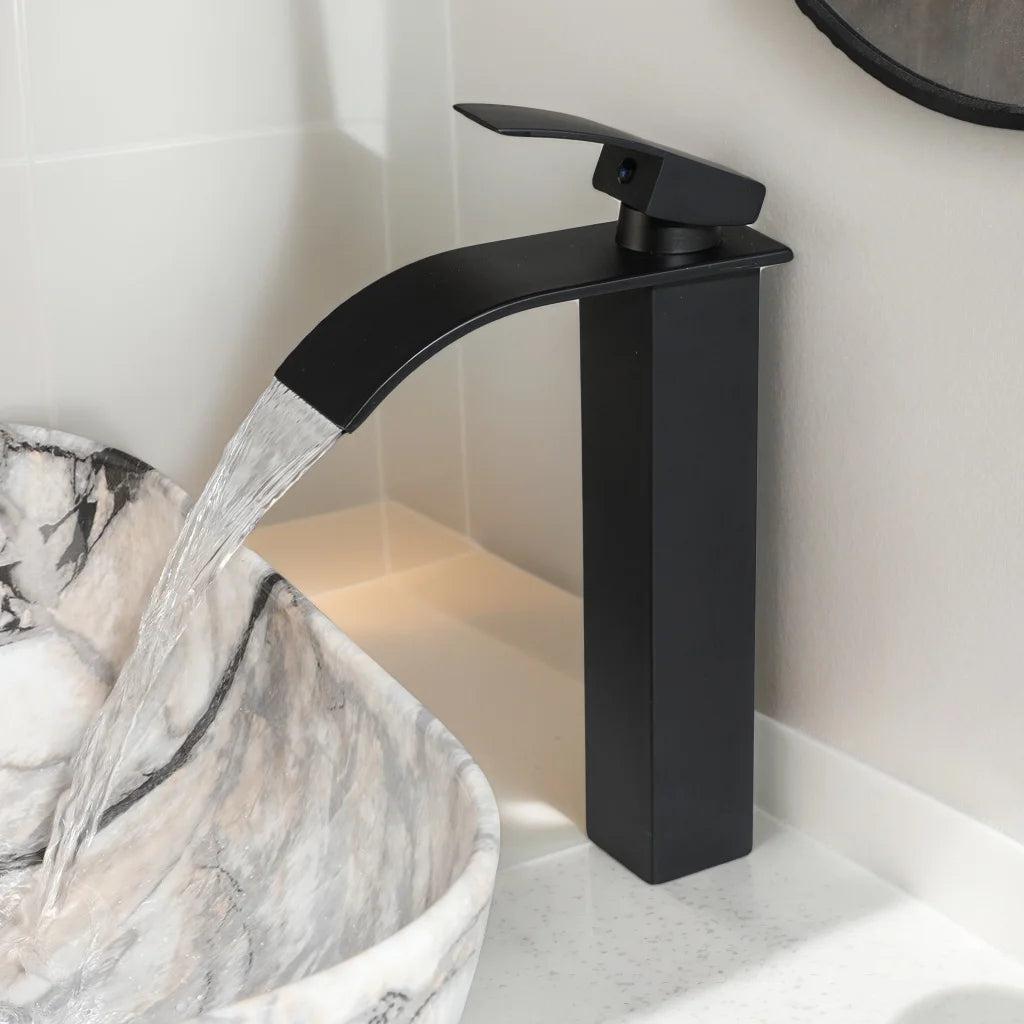 ZAPPO Artistic Marble Pattern Ceramic Vessel Sink Set, Black Matte Faucet Combo, Modern Bathroom Above-Counter Basin Vanity Sink