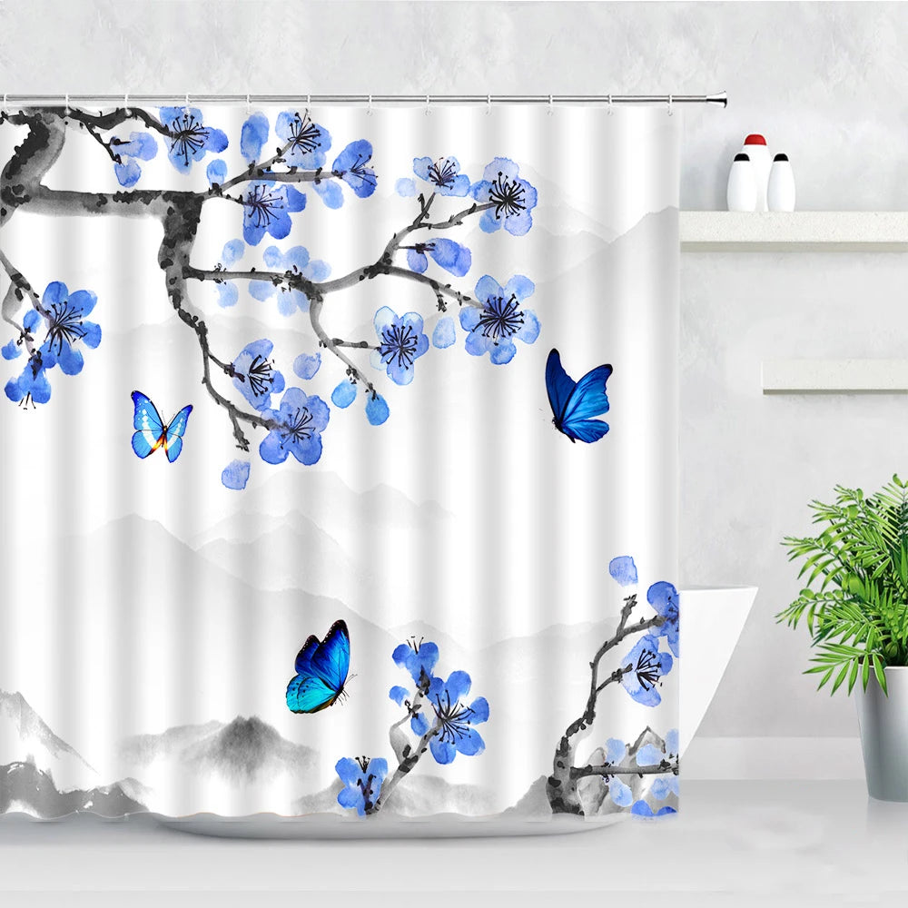Ink Plant Flowers Shower Curtain Red Plum Japanese Cherry Blossom Bath Curtains Watercolor Print Modern White Bathroom Decor Set