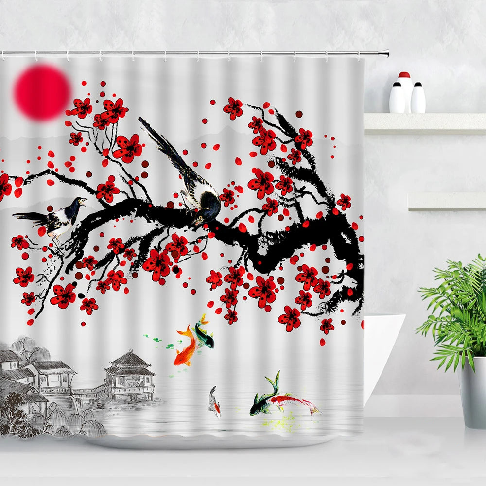 Ink Plant Flowers Shower Curtain Red Plum Japanese Cherry Blossom Bath Curtains Watercolor Print Modern White Bathroom Decor Set