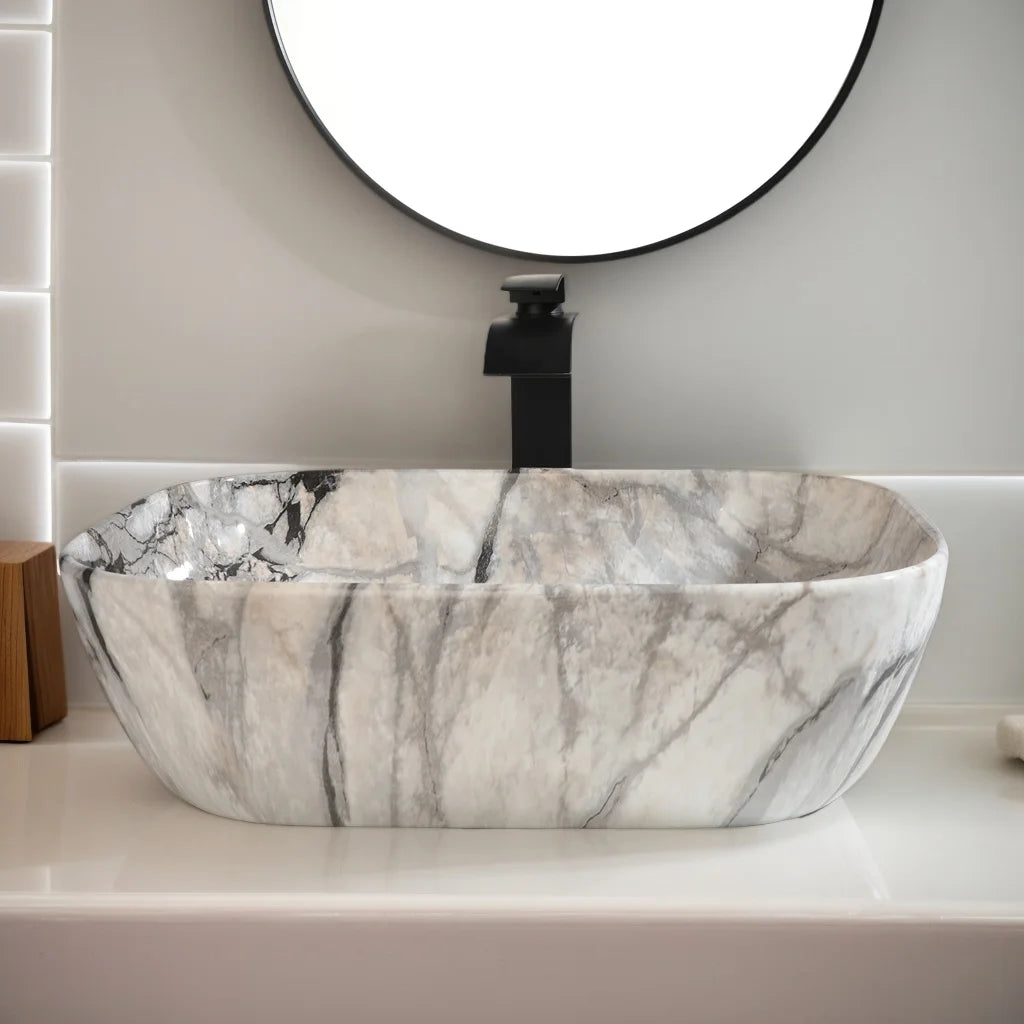 ZAPPO Artistic Marble Pattern Ceramic Vessel Sink Set, Black Matte Faucet Combo, Modern Bathroom Above-Counter Basin Vanity Sink