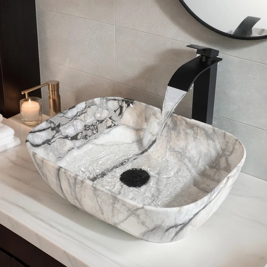 ZAPPO Artistic Marble Pattern Ceramic Vessel Sink Set, Black Matte Faucet Combo, Modern Bathroom Above-Counter Basin Vanity Sink
