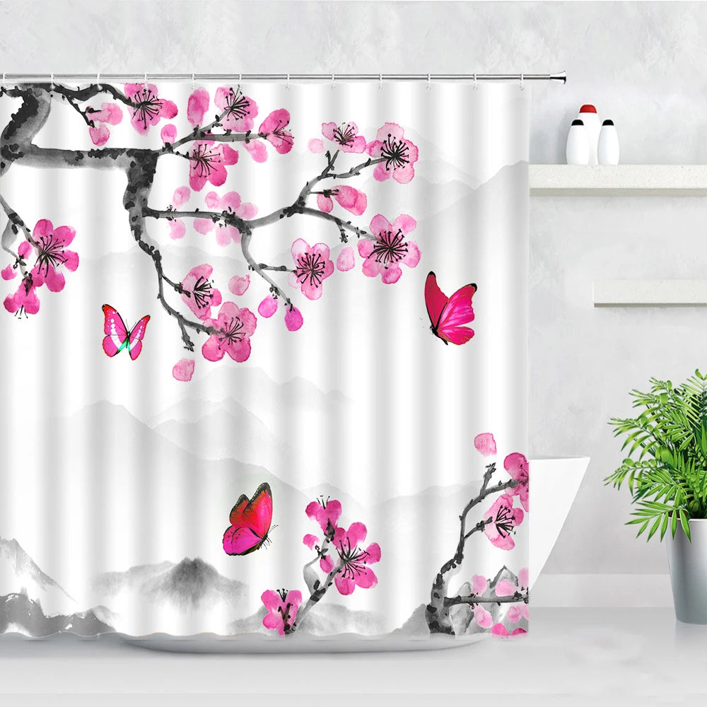 Ink Plant Flowers Shower Curtain Red Plum Japanese Cherry Blossom Bath Curtains Watercolor Print Modern White Bathroom Decor Set